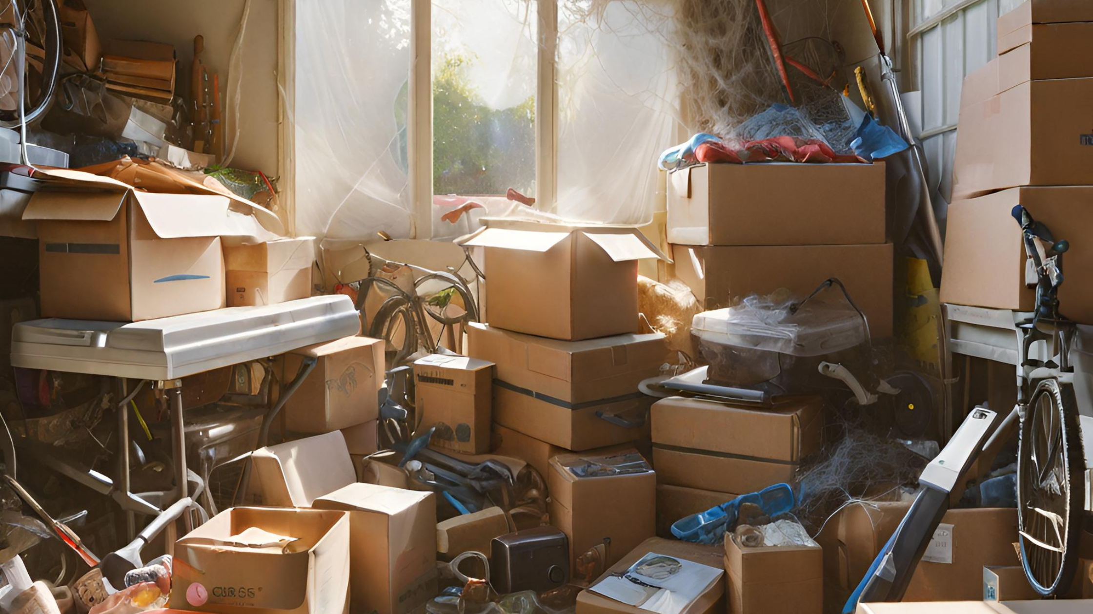 A photorealistic image of a messy garage overflowing with boxes, furniture, and yard tools. Sunlight streams through a cobweb-filled window, highlighting the disarray.